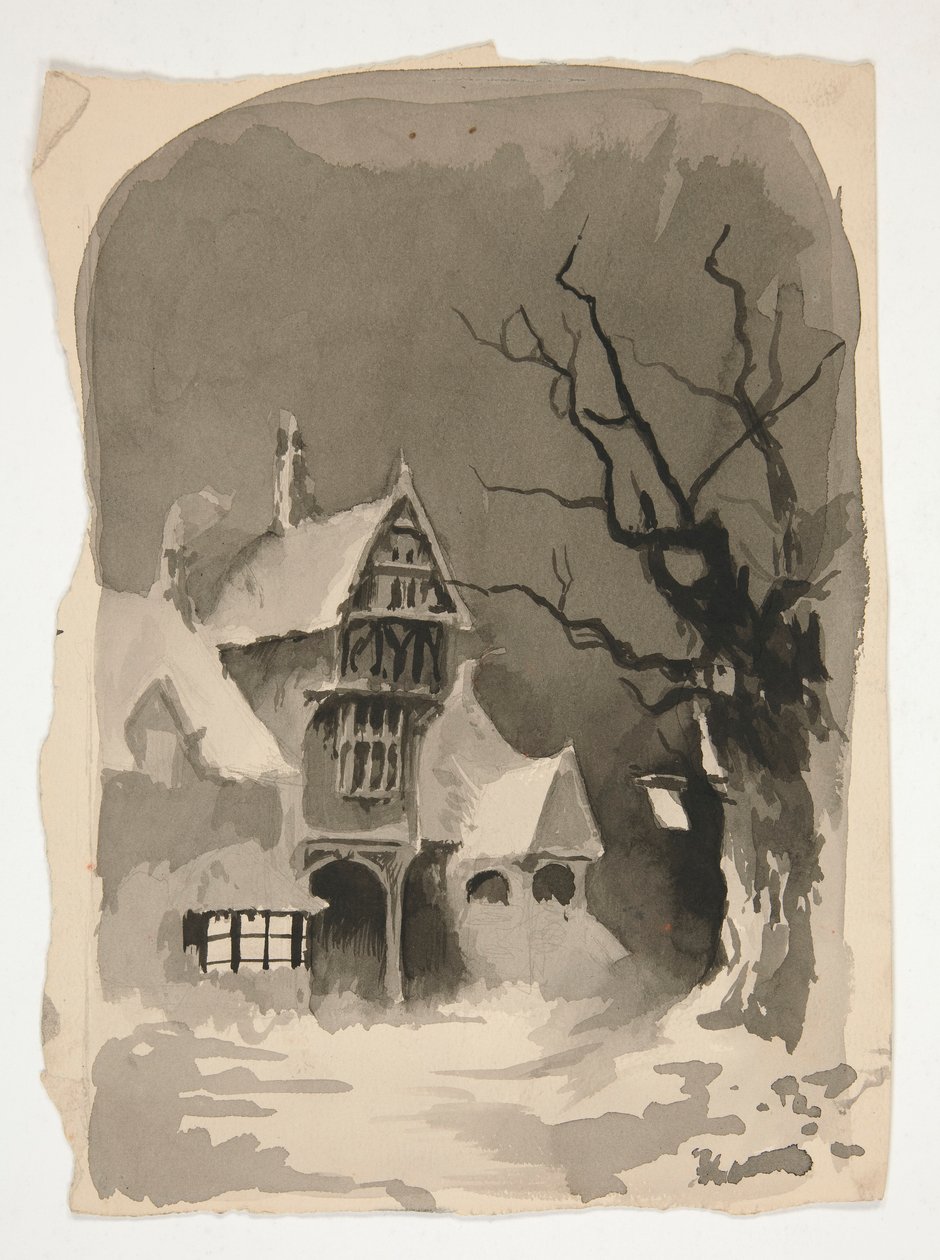 Eine Winterszene: Haus im Schnee (recto); Verschiedene Figurenstudien (verso) von Edwin Austin Abbey