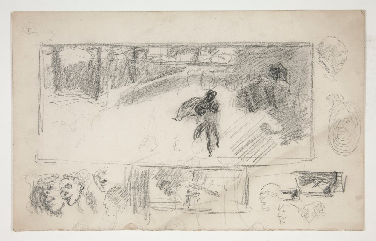 Verschiedene Skizzen (recto); Skizze eines Mannes im Umhang (verso) von Edwin Austin Abbey