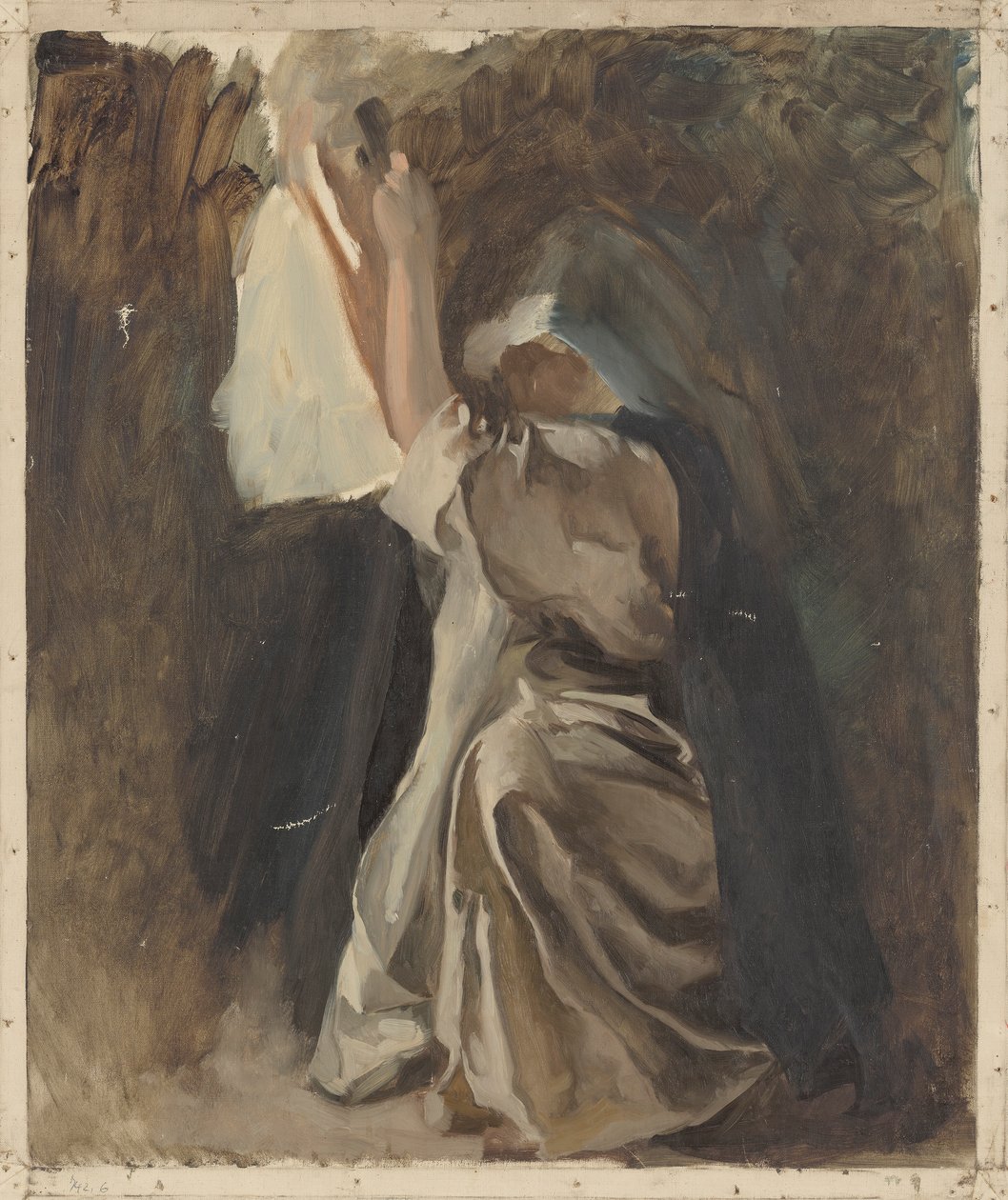 Figurenstudie einer Nonne, für Die Kindheit von Galahad, in The Quest and Achievement of the Holy Grail, Buchauslieferungsraum, Boston Public Library von Edwin Austin Abbey