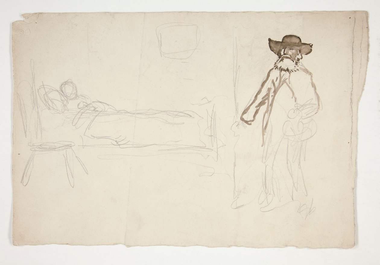 Figur im Bett, Mann betritt Raum - nicht identifizierte Illustration von Edwin Austin Abbey