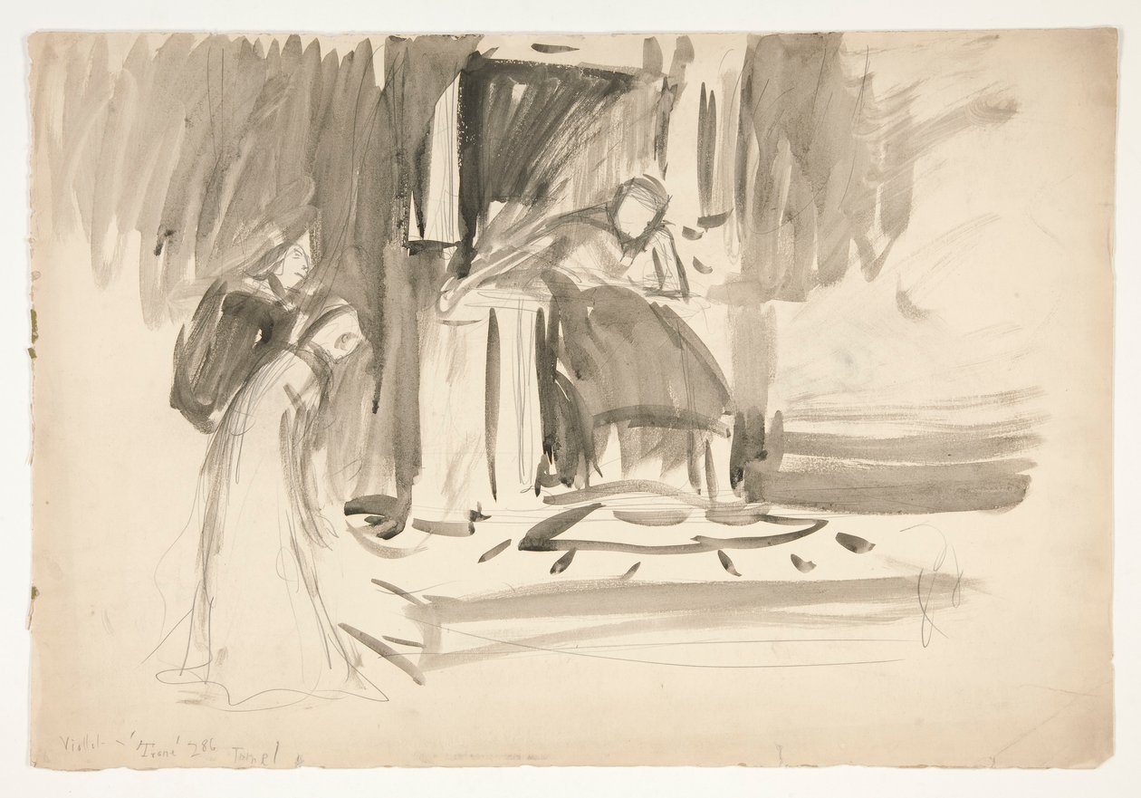 Figur auf dem Thron, flankiert von zwei Figuren, Skizze für ein unbekanntes Shakespeare-Stück von Edwin Austin Abbey