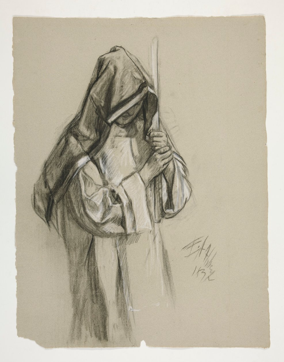 Figurenstudie für Sir Lancelot und Sir Bors rüsten Galahad mit seinen Sporen aus, aus Die Suche nach dem Heiligen Gral (zweite von einer Serie von fünfzehn Gemälden für die Boston Public Library, abgeschlossen 1901) von Edwin Austin Abbey