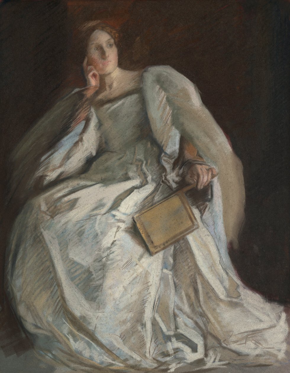 Dame in Weiß sitzt. Rechte Hand am Kinn. Fächer haltend. von Edwin Austin Abbey