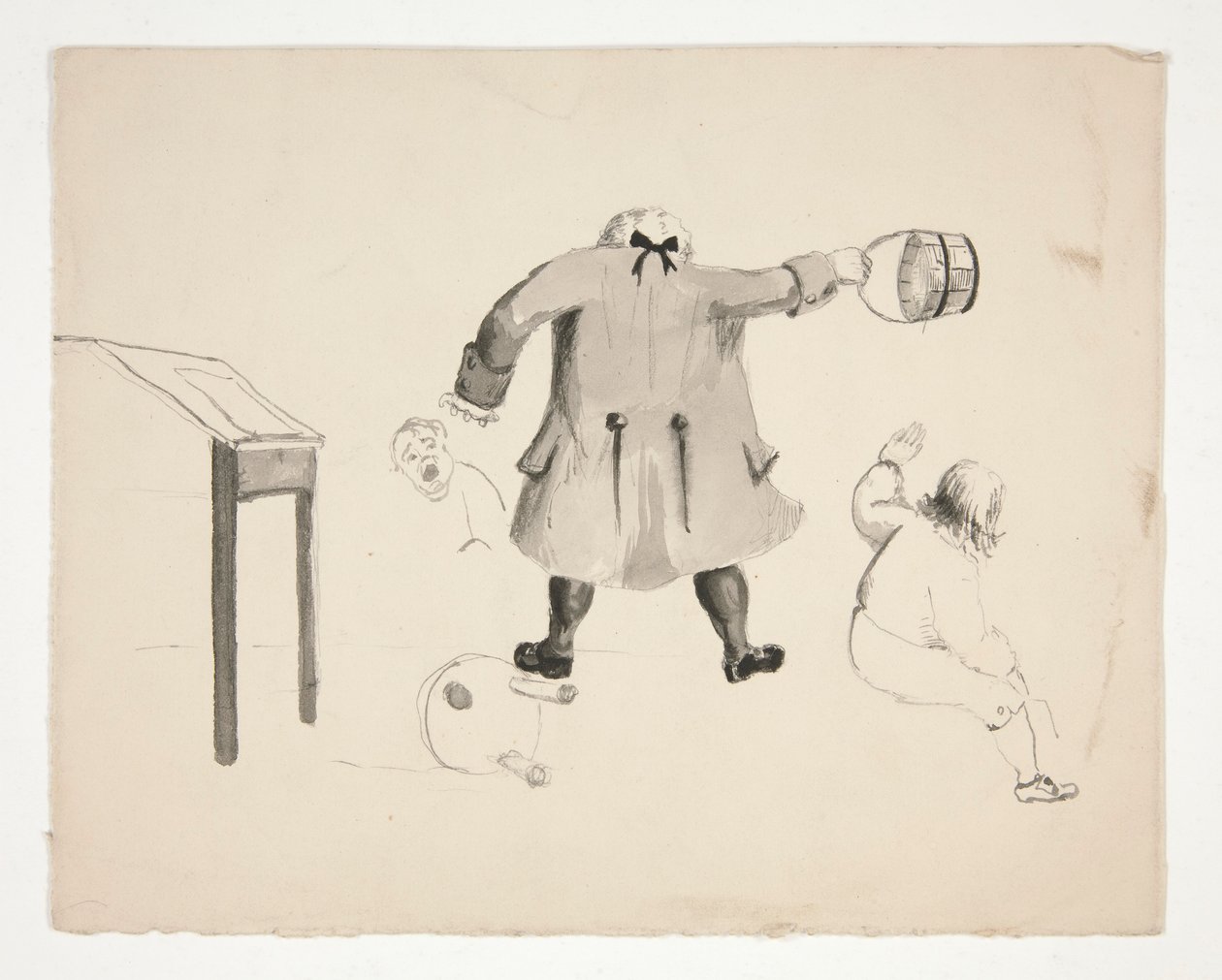 Mann schwingt Eimer auf zwei Jungen (recto); Zwei Männer hinter einer Mauer (verso) von Edwin Austin Abbey