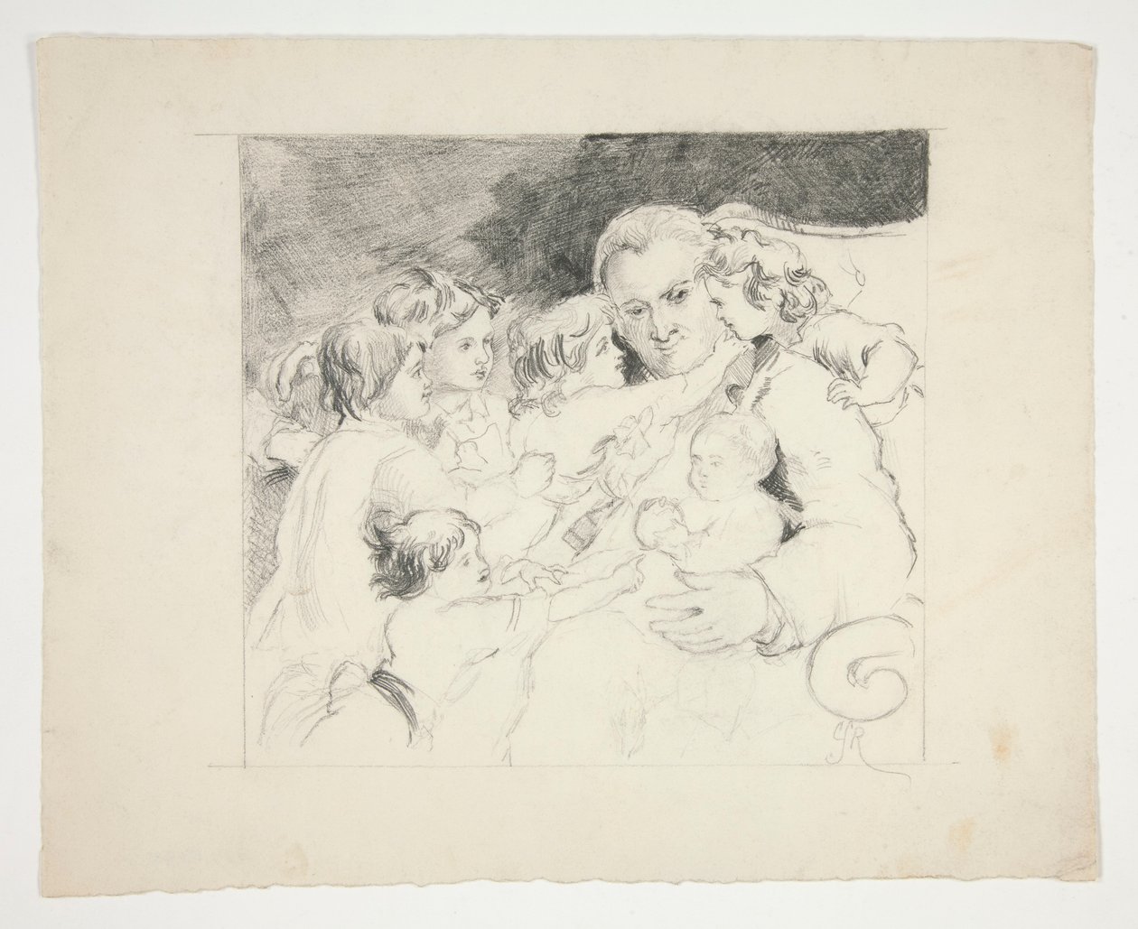 Mann mit Kindern um ihn herum - nicht identifizierte Illustration von Edwin Austin Abbey