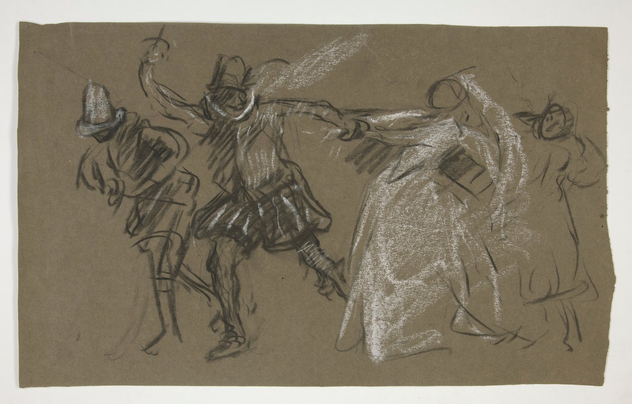 Petruchio zieht Katharina, aus Der Widerspenstigen Zähmung (recto); Skizze einer sitzenden Figur (verso) von Edwin Austin Abbey