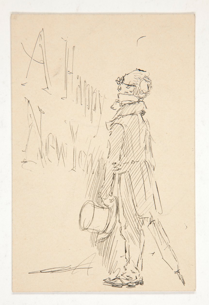 Skizze für eine Grußkarte: Ein glückliches neues Jahr; Studie eines Mannes, der ein Schild liest von Edwin Austin Abbey