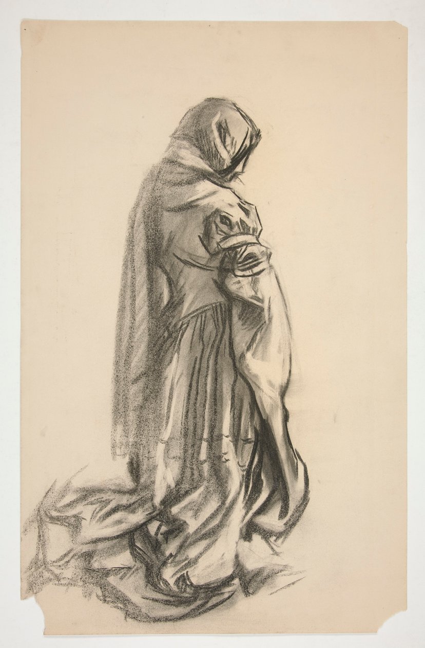 Skizze einer knienden weiblichen Figur im rosa Kleid für Galahad der Befreier, eines der Heiligen Gral-Wandgemälde in der Boston Public Library von Edwin Austin Abbey