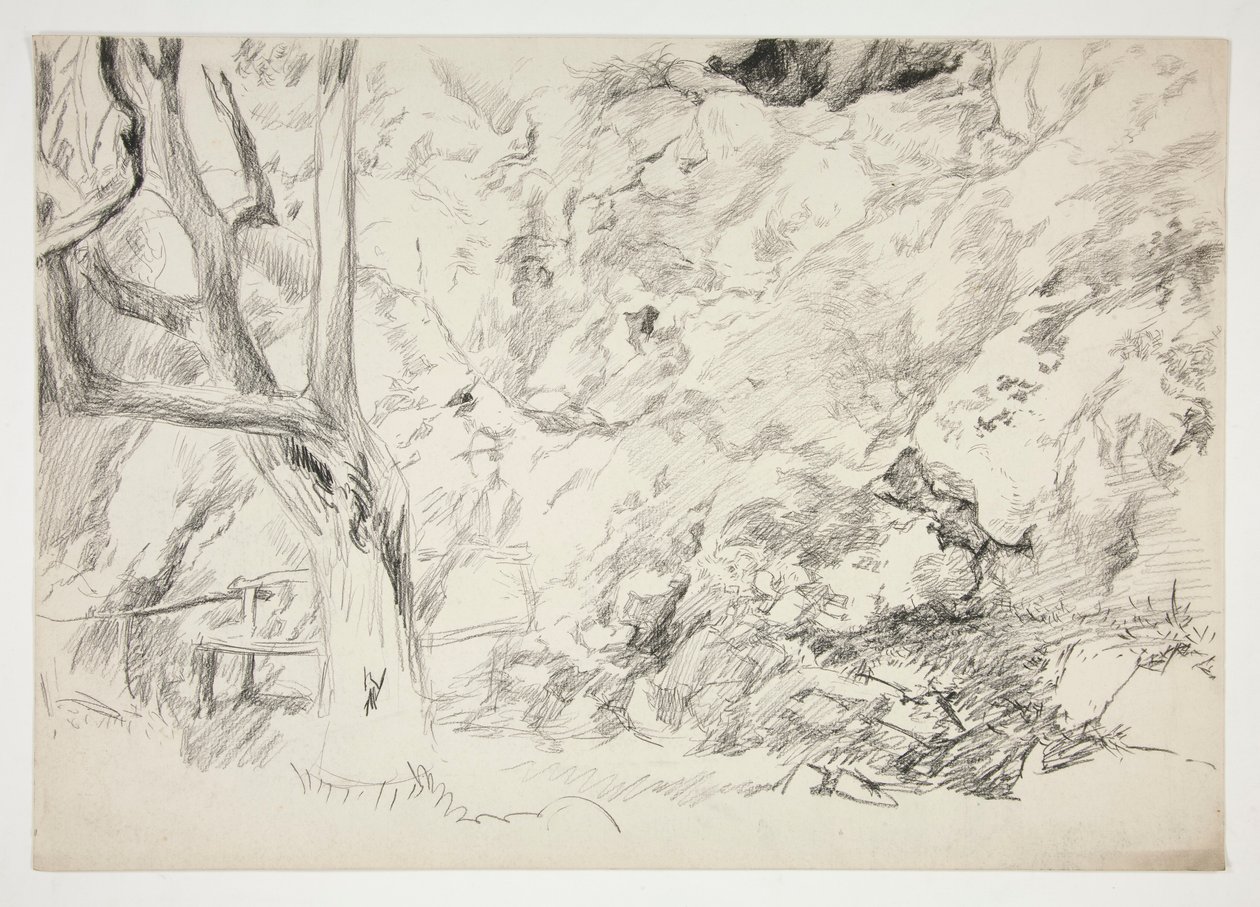 Skizze einer Landschaft mit Baum, Zaun und weiblicher Figur von Edwin Austin Abbey
