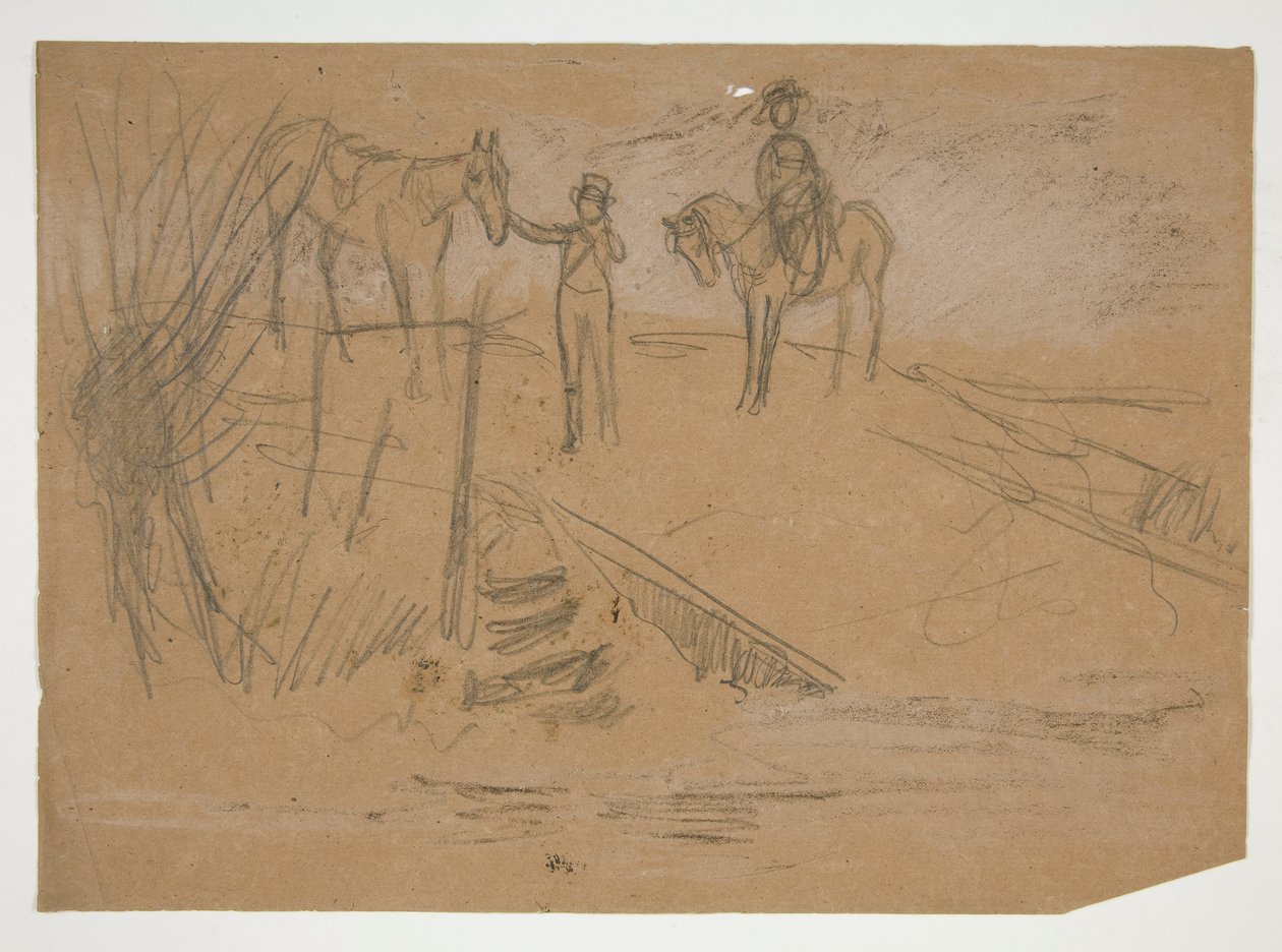 Zwei Männer und zwei Pferde in einer Landschaft - nicht identifizierte Illustration von Edwin Austin Abbey