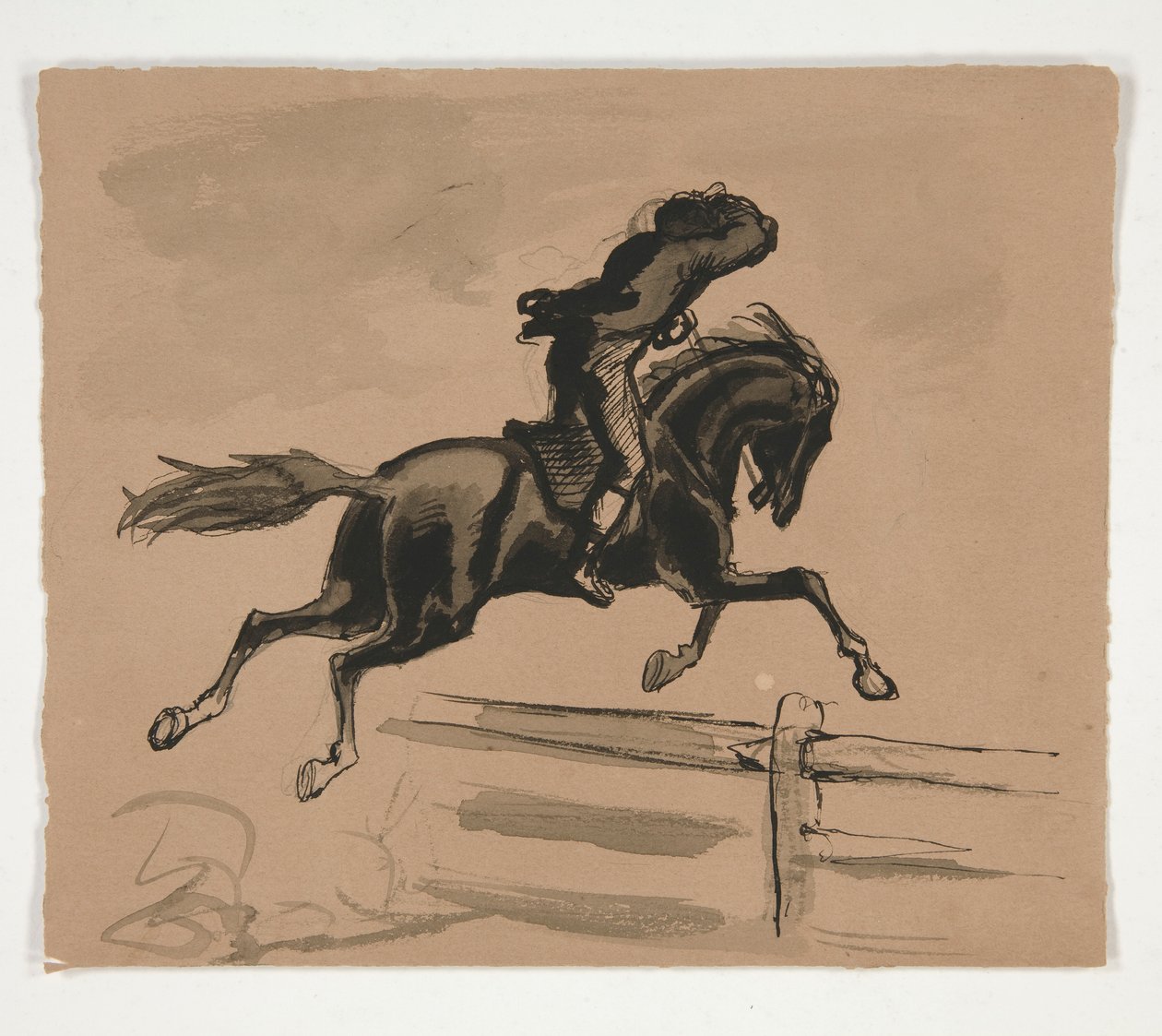 Unidentifizierte Illustration eines Reiters, der über einen Zaun springt (recto); Figurenstudie eines alten Mannes (verso) von Edwin Austin Abbey