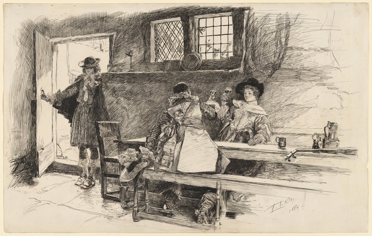 "Will führte sie zum Wein," Illustration zu "Phillada Flouts Me" von Edwin Austin Abbey