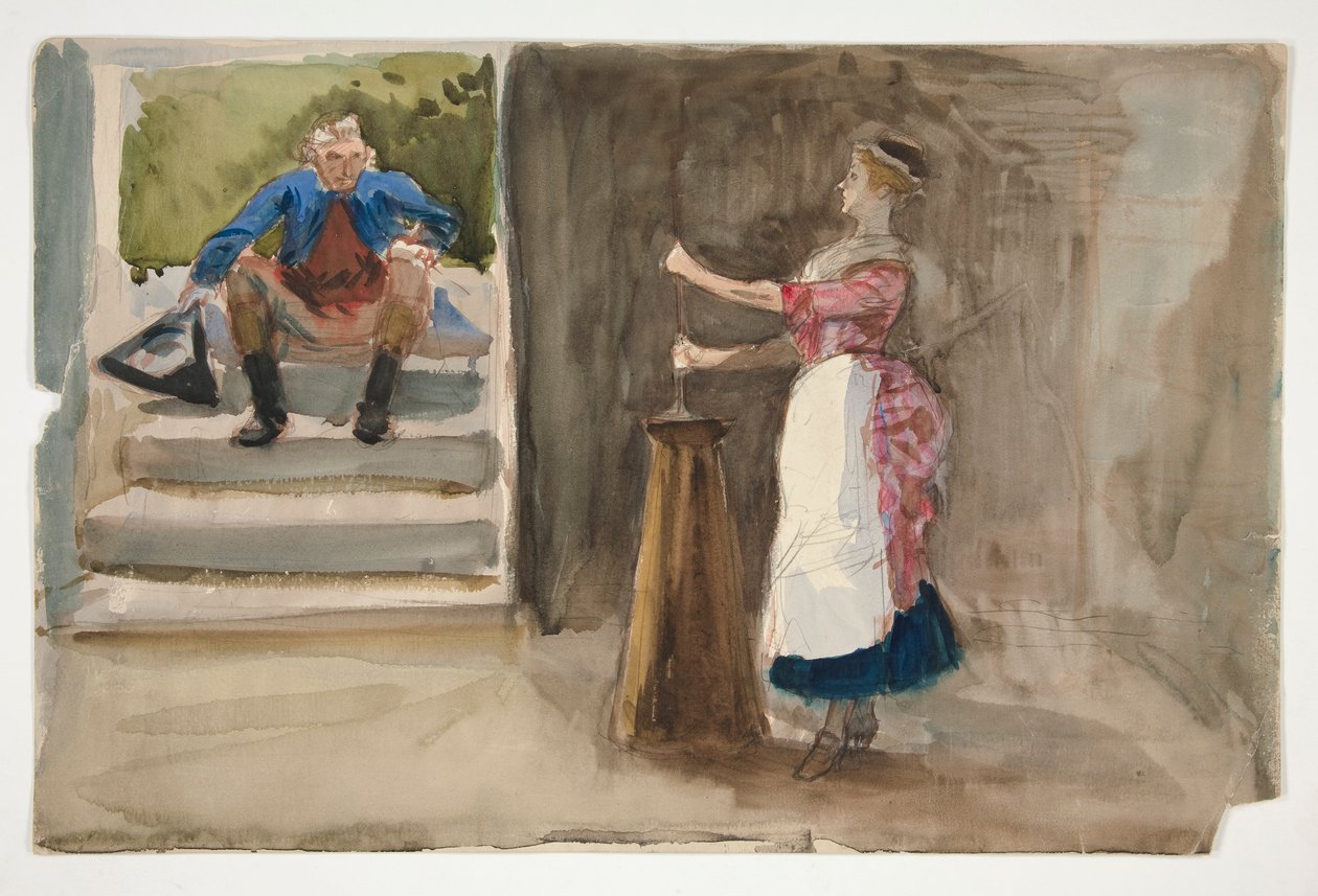Frau beim Buttern, Mann in Revolutionskleidung beobachtet - (unidentifizierte Illustration) von Edwin Austin Abbey