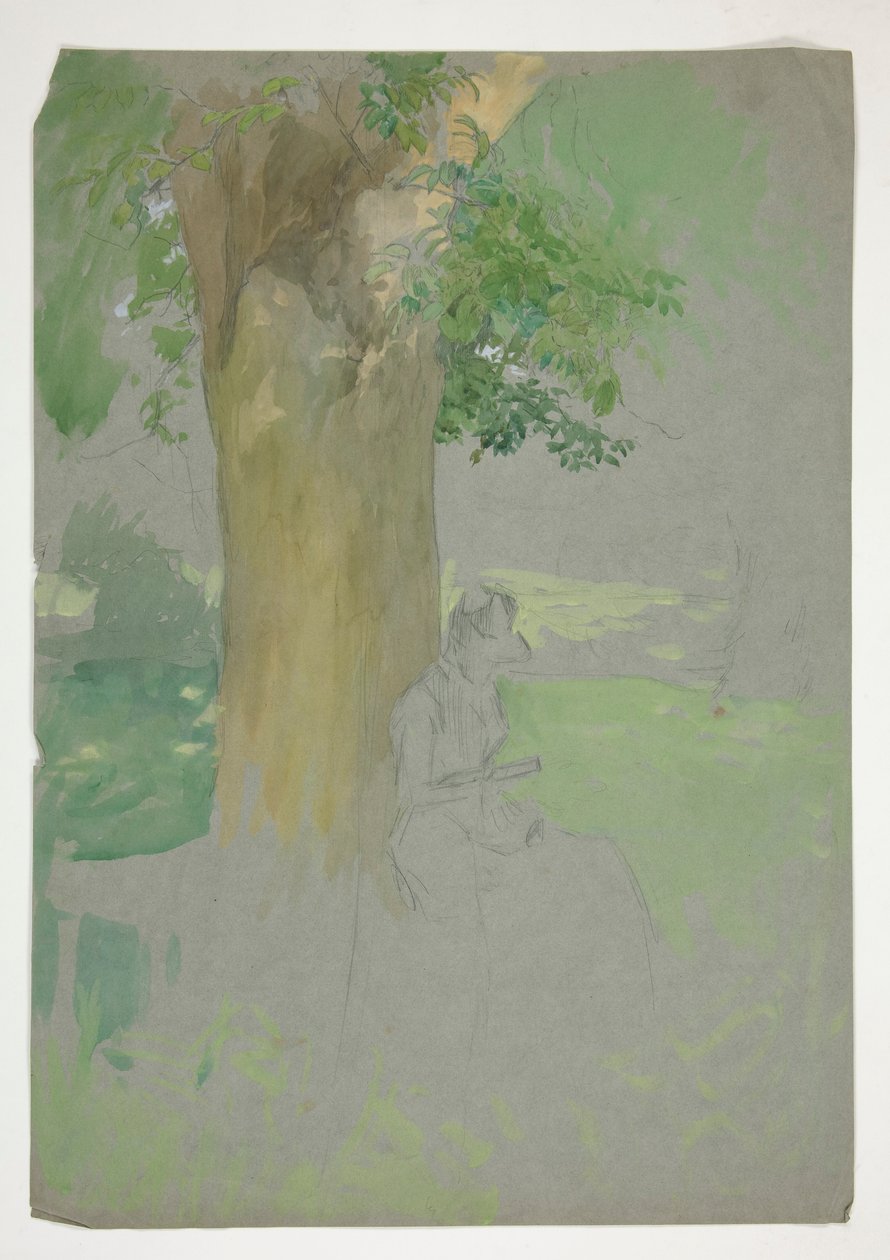 Frau sitzt unter einem Baum und liest von Edwin Austin Abbey