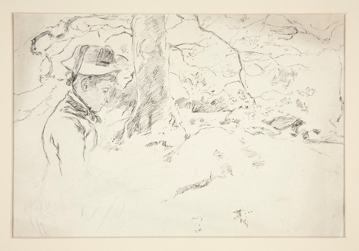 Frau, die im Garten sitzt - nicht identifizierte Illustration von Edwin Austin Abbey