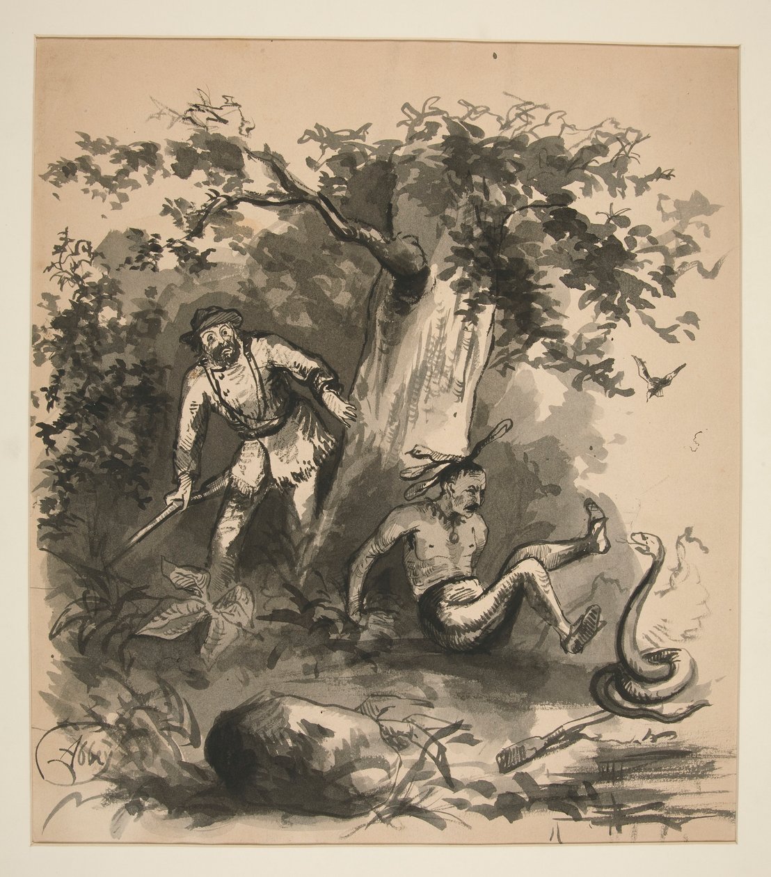 Waldszene mit einem Jäger, einem Indianer und einer Schlange - nicht identifizierte Illustration von Edwin Austin Abbey