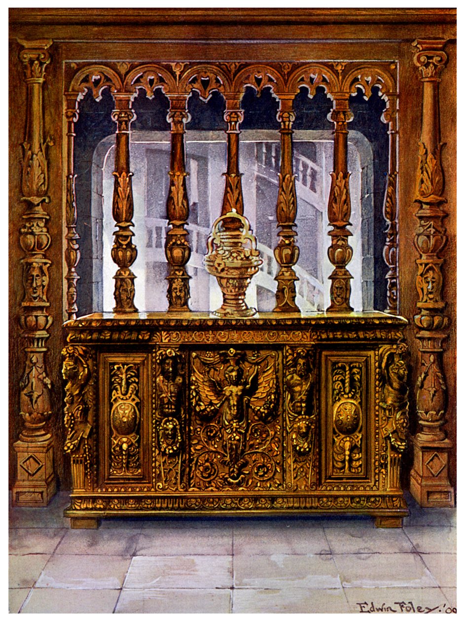 Henry II geschnitzte Truhe oder Bahut und Eichenholzschirm derselben französischen Periode, 1910 von Edwin Foley