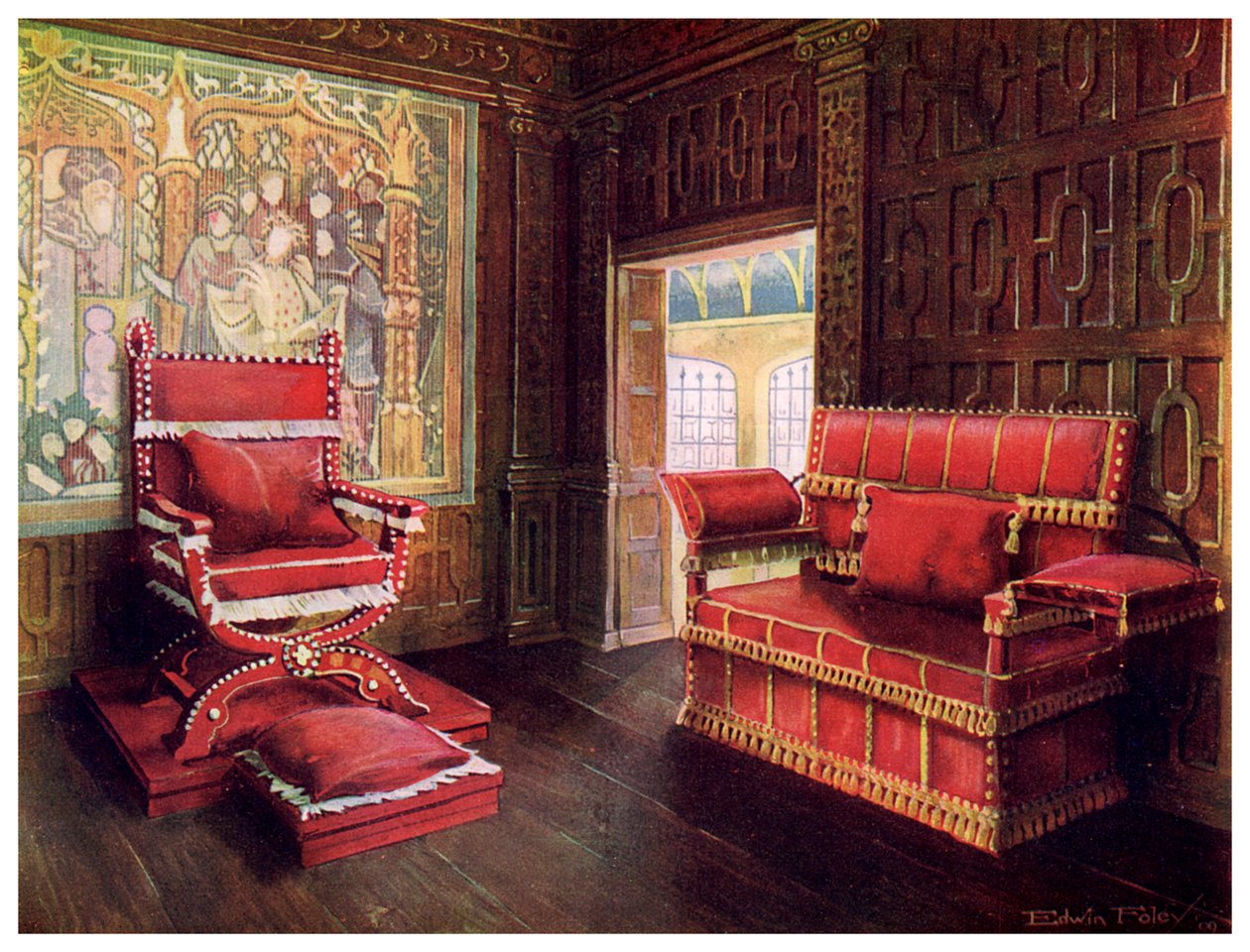 Gepolsterter Stuhl und Sofa mit verstellbaren Enden, 1910 von Edwin Foley