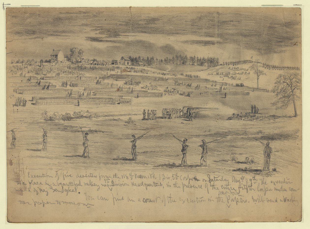 Hinrichtung von fünf Deserteuren der 118. Pennsylvania Volunteers, 1. Division, 5. Korps, vor dem gesamten 5. Korps, Beverly Ford, Va. von Edwin Forbes