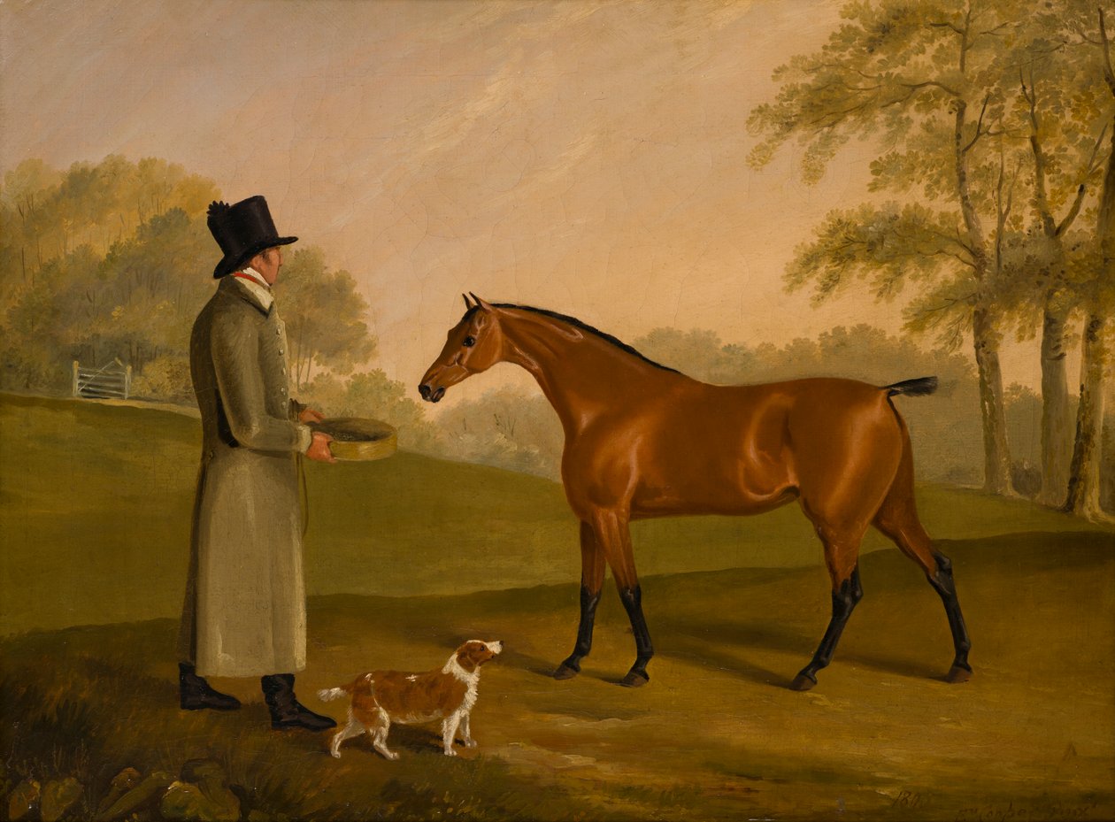 Ein Pferd in einer Landschaft mit dem Stallburschen David Bennet von Edwin W. Cooper