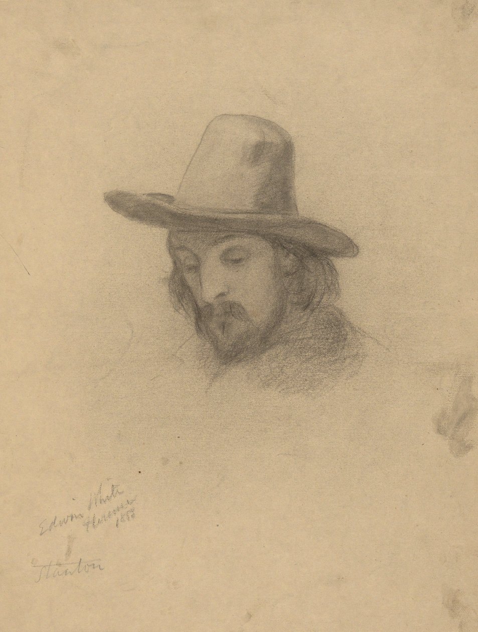 Edward Winslow, Skizze für die Unterzeichnung des Vertrags in der Kabine der Mayflower von Edwin White