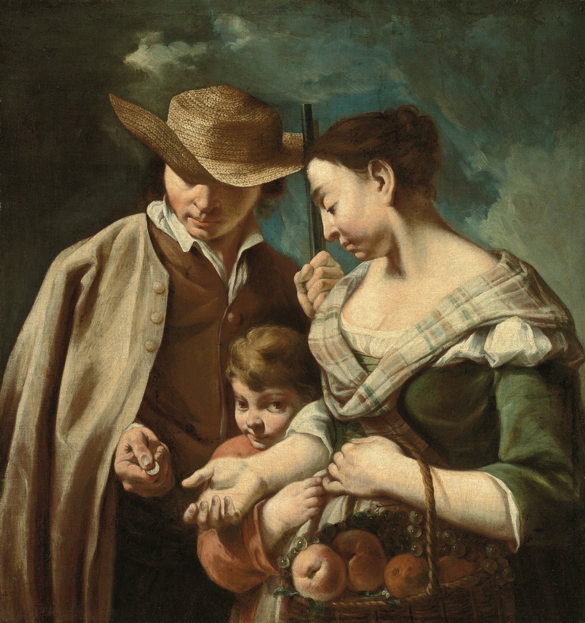 Ein Obstverkäufer und ein Junge mit einem Korb voller Pfirsiche, Birnen und Trauben in einer Landschaft, mit einem Mann, der eine Waffe und eine Münze hält von Egidio (attr.to) Dall