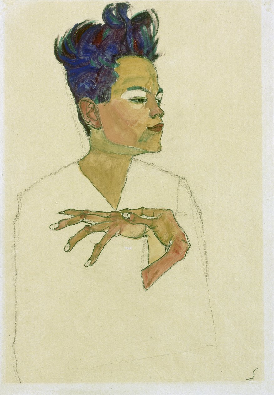 Selbstporträt mit den Händen auf der Brust von Egon Schiele