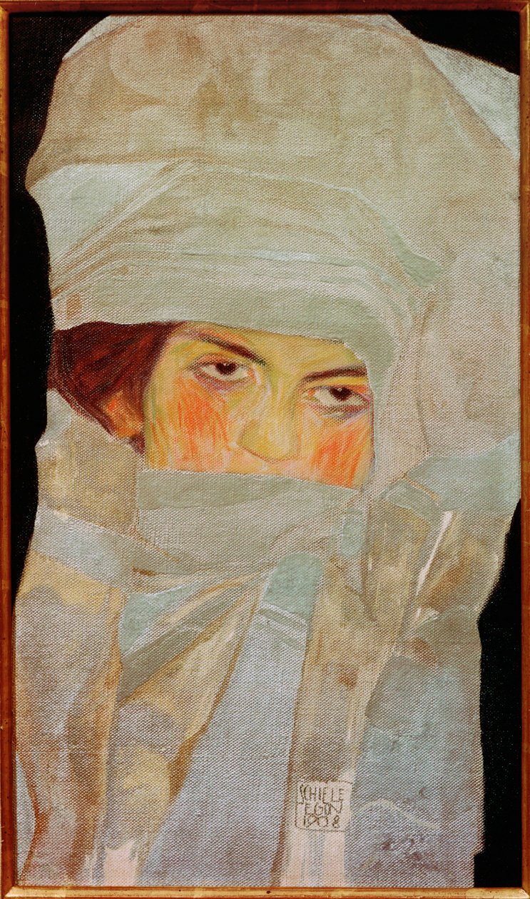 Die Schwester des Künstlers, Melanie, mit silberfarbenen Tüchern von Egon Schiele