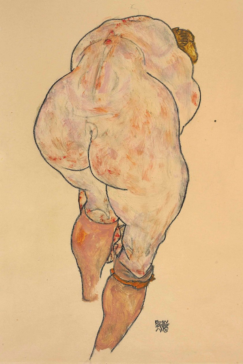 Weiblicher Akt, der Strümpfe hochzieht, Rückansicht, 1918 von Egon Schiele