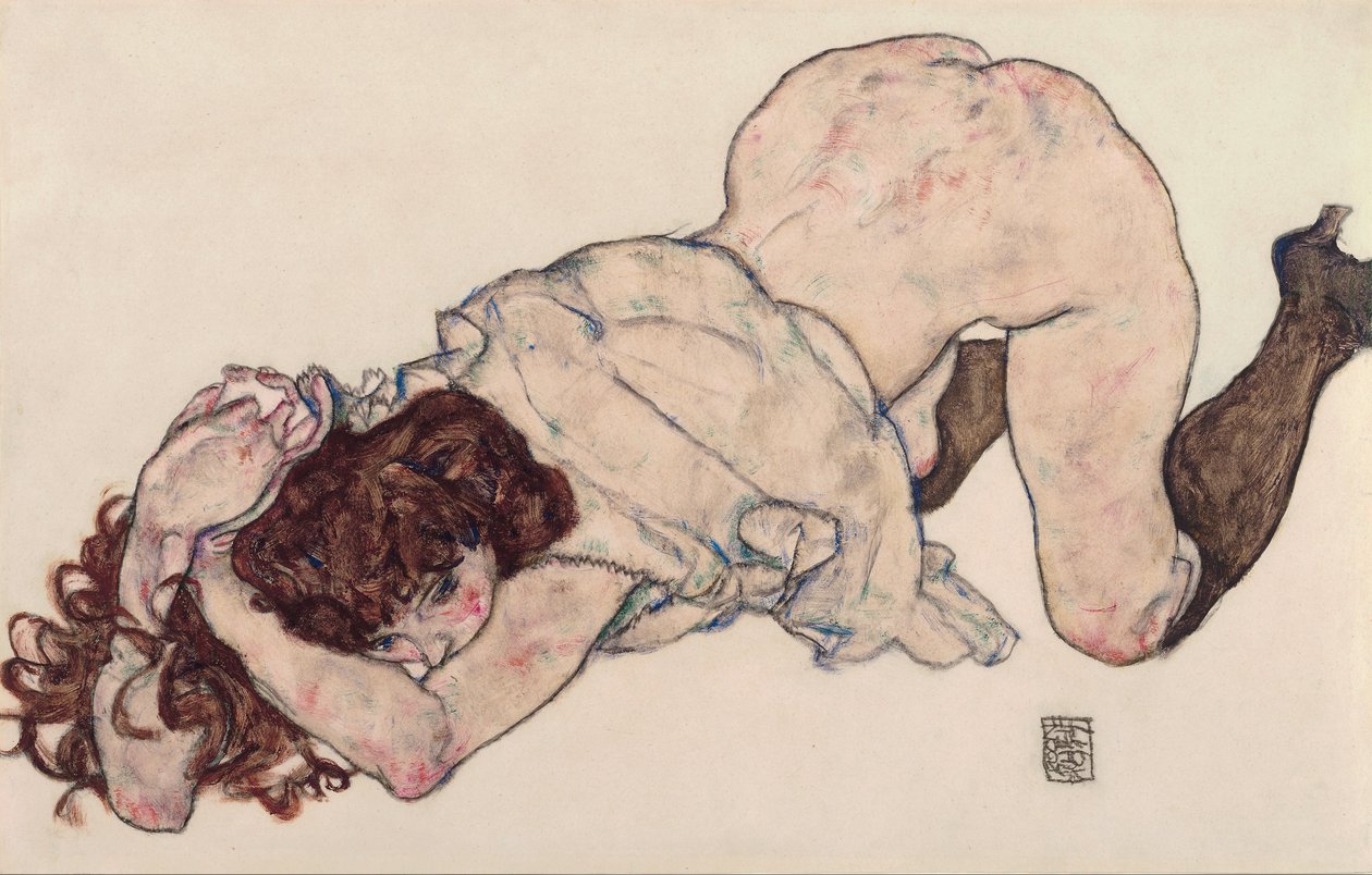 Kniendes Mädchen, auf beide Ellbogen gestützt von Egon Schiele