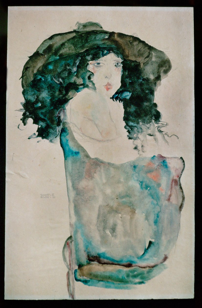 Mädchen mit blauschwarzem Haar und Hut von Egon Schiele