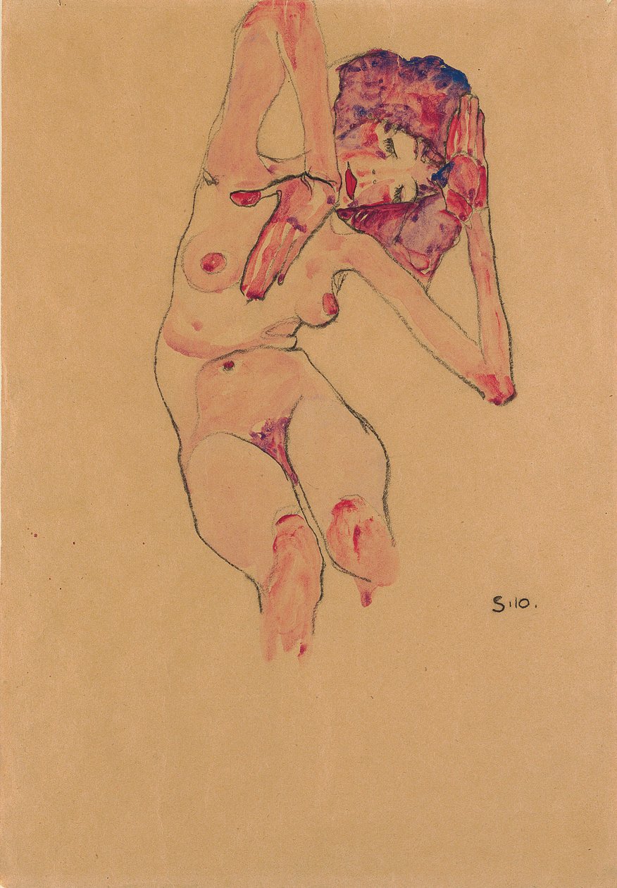 Sitzender weiblicher Akt mit geneigtem Kopf und erhobenen Armen von Egon Schiele