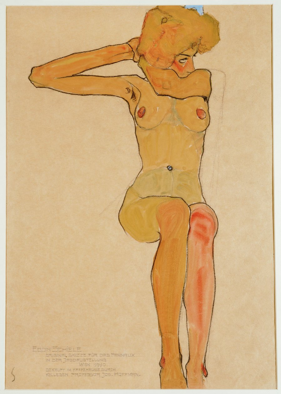 Sitzender weiblicher Akt mit erhobenem rechten Arm von Egon Schiele