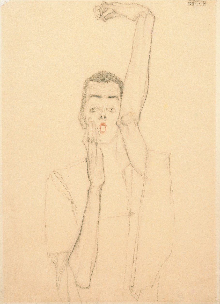 Selbstporträt mit erhobenem Arm und rotem Mund von Egon Schiele