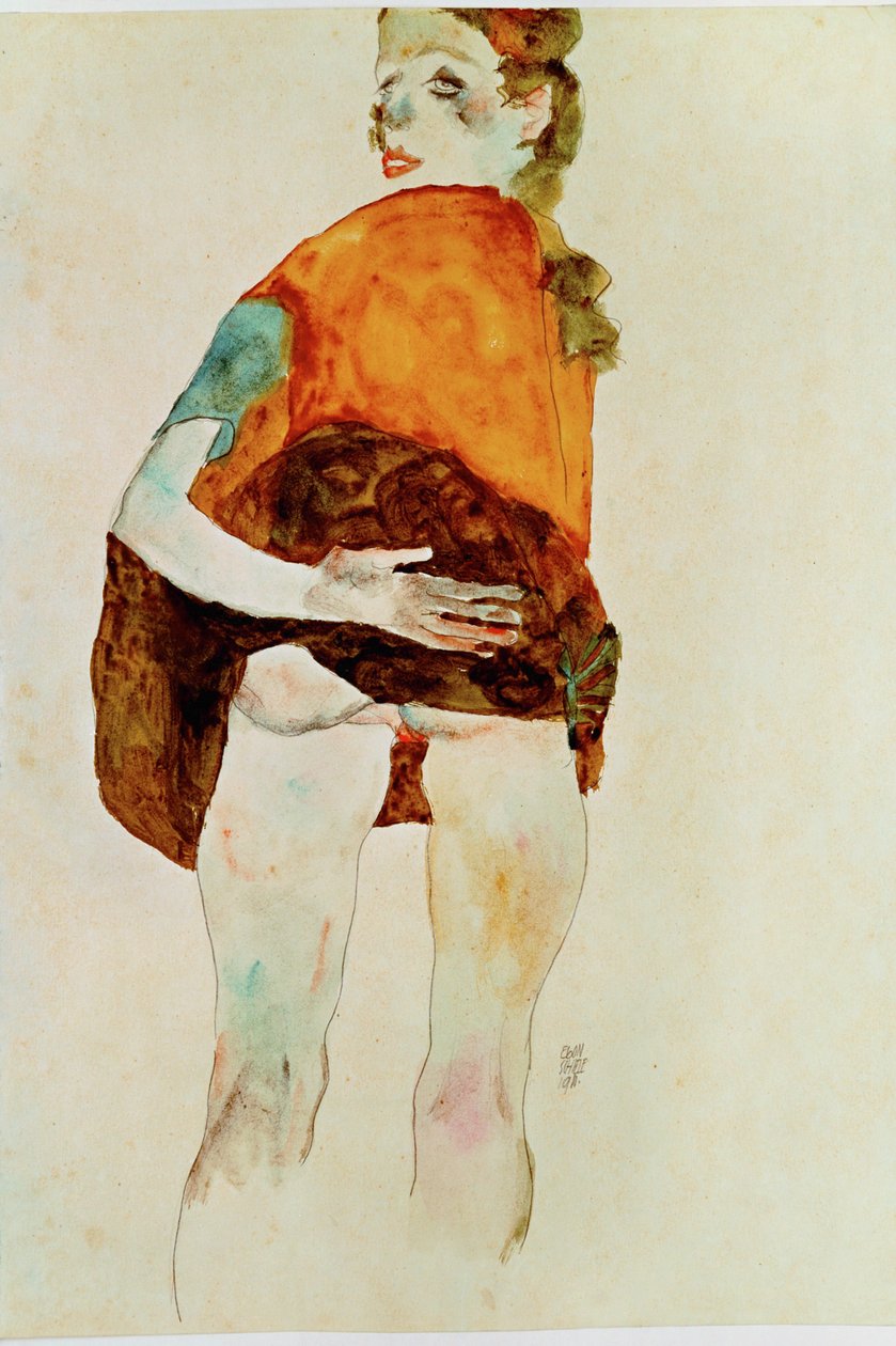 Stehendes Mädchen mit gehobenem Rock von Egon Schiele
