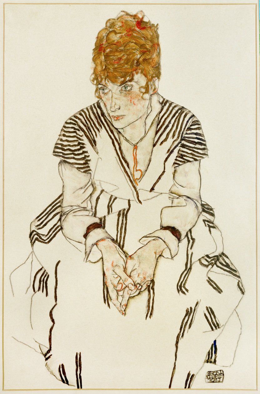 Die Schwägerin des Künstlers im gestreiften Kleid, sitzend von Egon Schiele