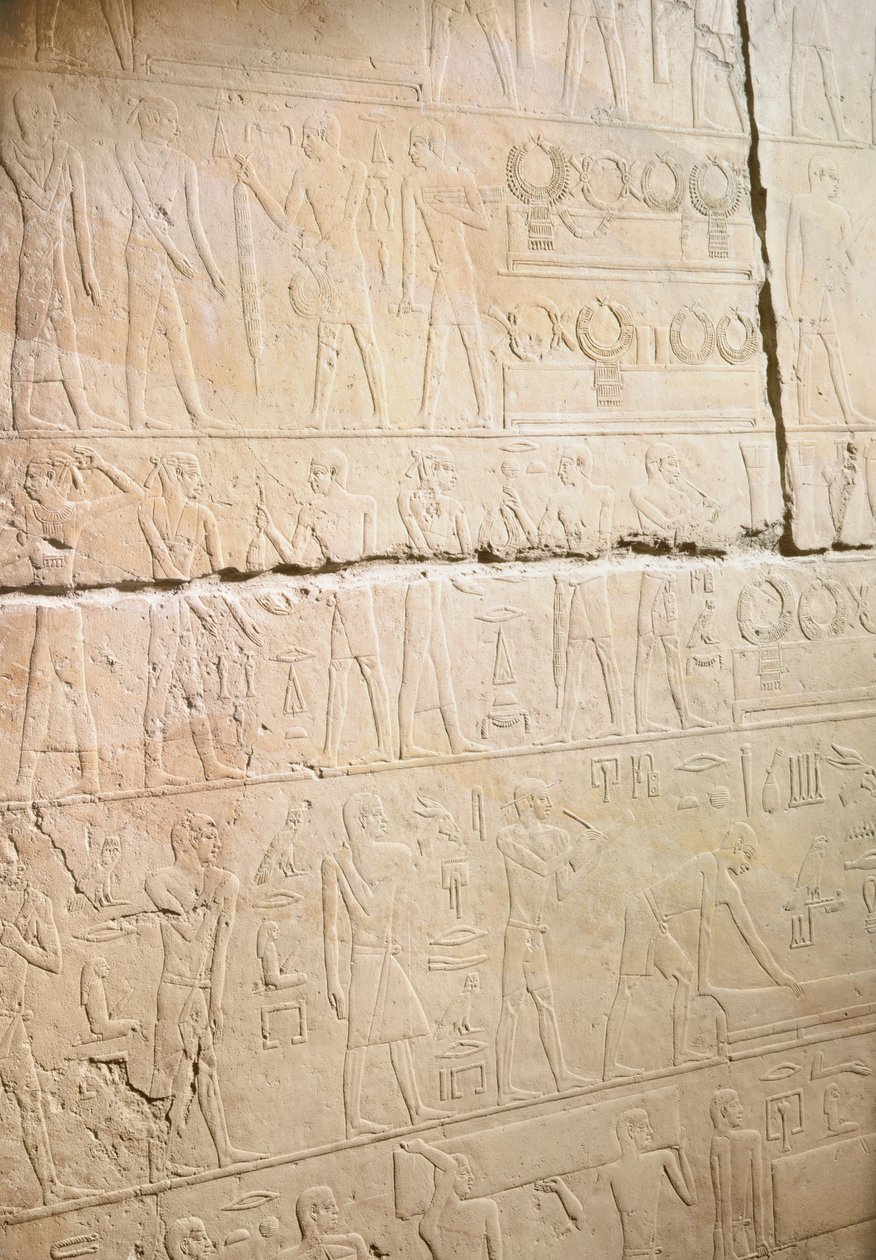 Relief aus der Mastaba von Akhethotep, das den Austausch der Halsketten darstellt, aus Saqqara, Altes Reich von Egyptian 5th Dynasty