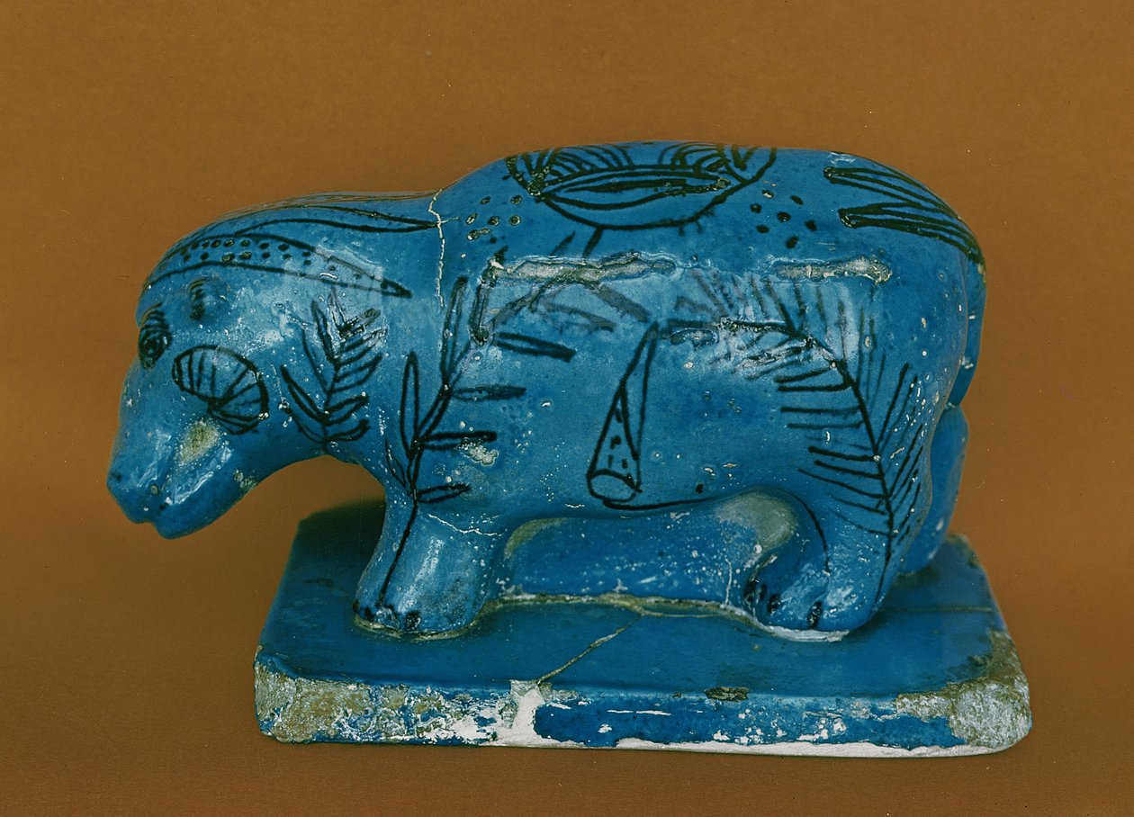 Blaues Nilpferd mit schwarzer Dekoration, aus Dra Aboul Naga, Mittleres Reich (Fayence) von Egyptian 11th Dynasty