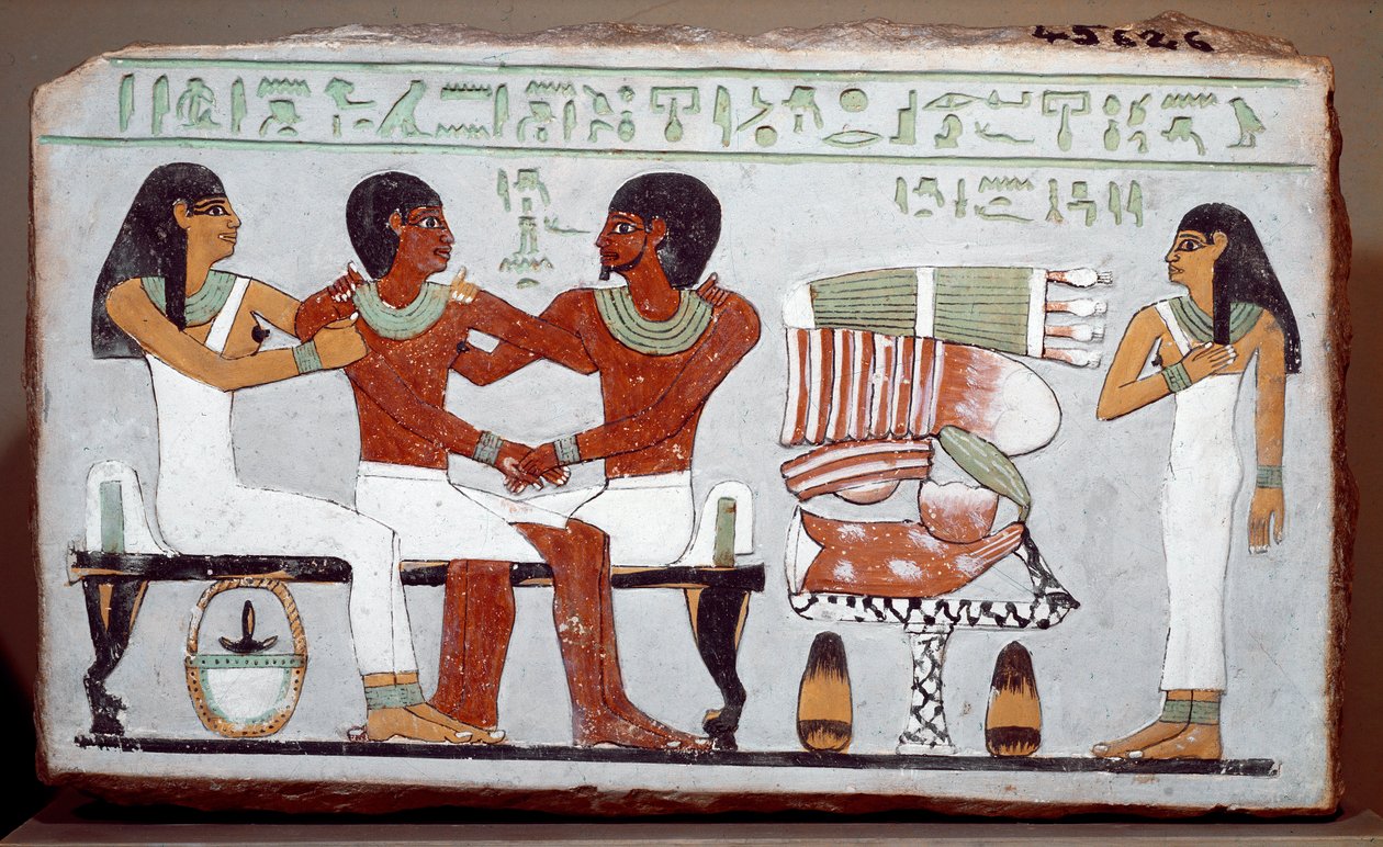 Ägyptische Antike: Grabstele aus bemaltem Kalkstein, die die Familie von Amenemhet darstellt von Egyptian 11th Dynasty