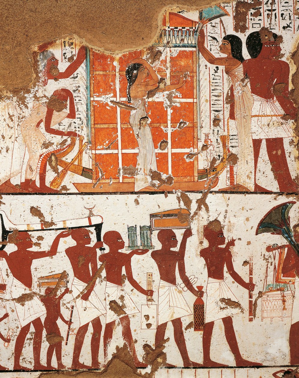 Ägypten, Theben, El-Khokha Nekropole Tal der Adligen, Grab von Nebamon und Ipouky, Detail der Fresken, die Trauerzug und Witwe am Katafalk des Verstorbenen darstellen von Egyptian 18th Dynasty
