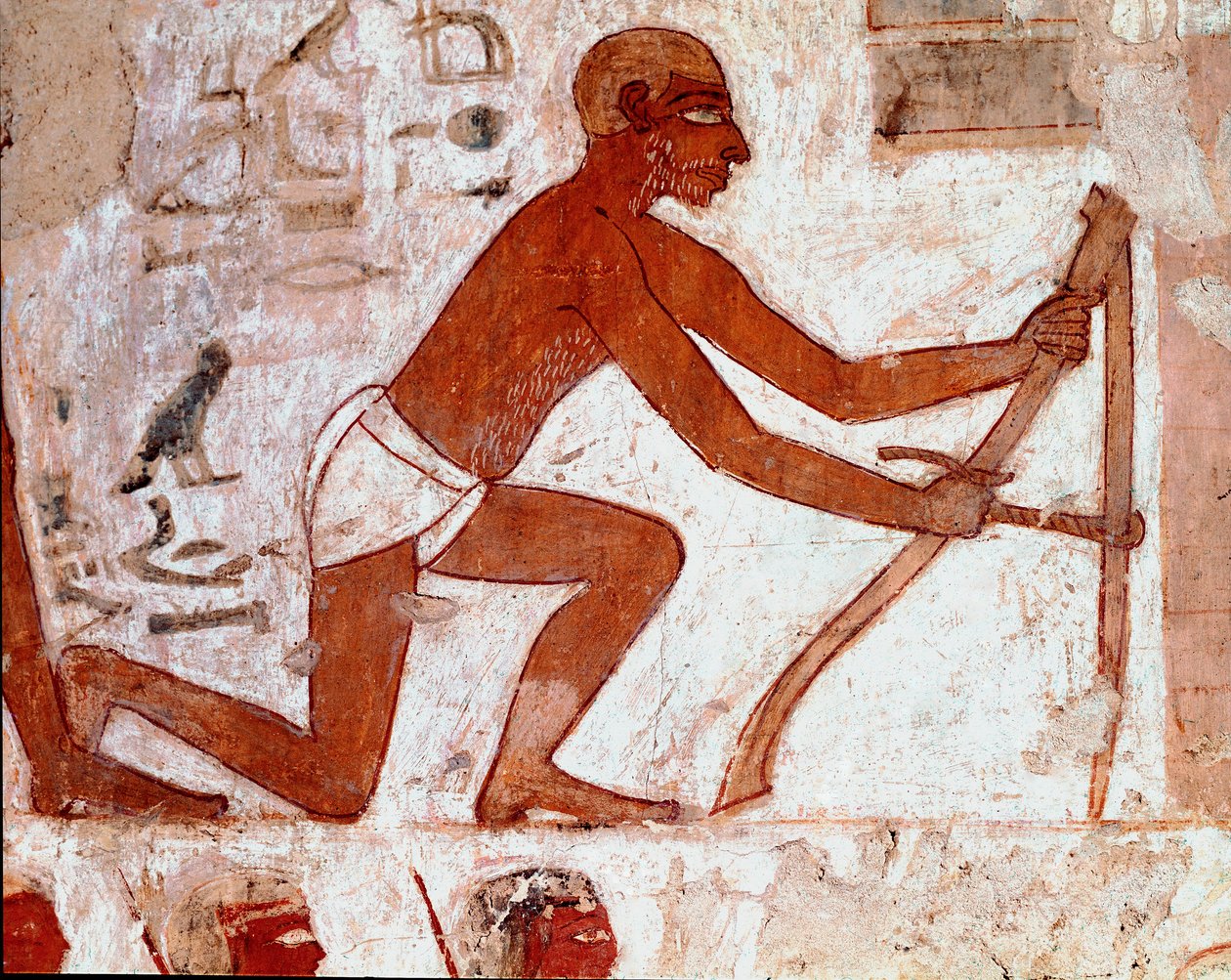 Ägyptische Kunst: Grab von Rekhmire. Pflüger bei der Arbeit mit seinem landwirtschaftlichen Werkzeug. Fresko von Luxor (Stätte von Theben, Nekropole von Scheich Abd al-Gournah (Gournah), linkes Nilufer, Ägypten. - Altes Ägypten: Grab von Rekhmire. Die Arbe von Egyptian 18th Dynasty