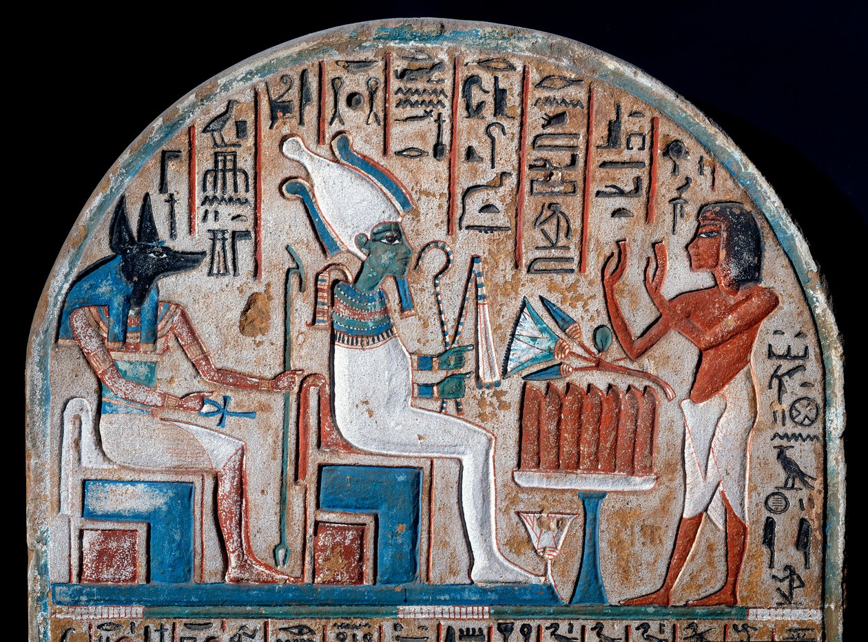 Ägyptische Antiquität: Nanai-Stele, die Osiris und Anubis verehrt. Bemalter Kalkstein. Ende der 18. Dynastie. 14. Jahrhundert v. Chr. Turin, Ägyptisches Museum von Egyptian 18th Dynasty