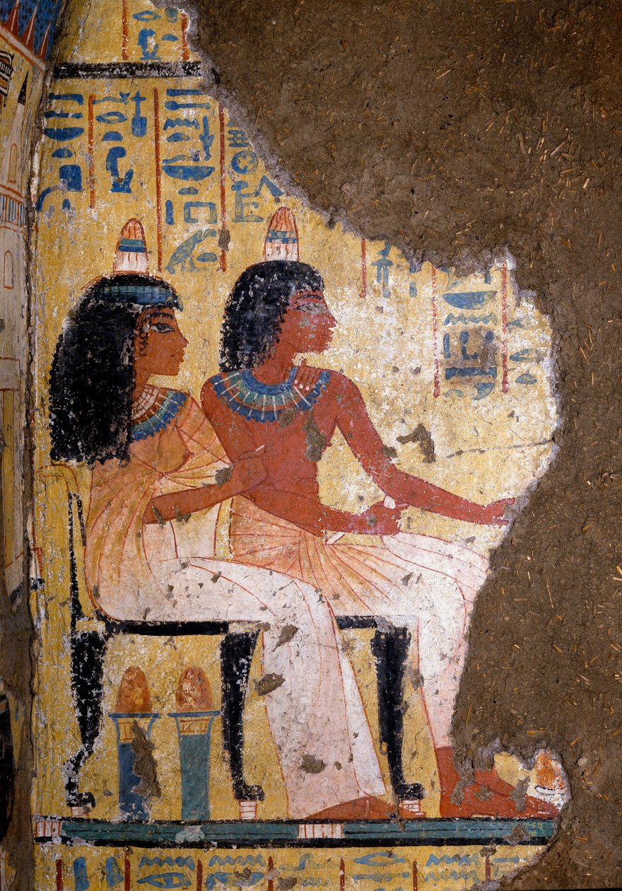 Ägyptische Antike: Fresko aus dem Grab des Malers Maia, der Verstorbene und seine Frau sitzen bei einem Bankett. 18. Dynastie. Aus der Kapelle von Maia, Deir el-Medineh (el Medineh), Neues Reich. Turin, Ägyptisches Museum von Egyptian 18th Dynasty