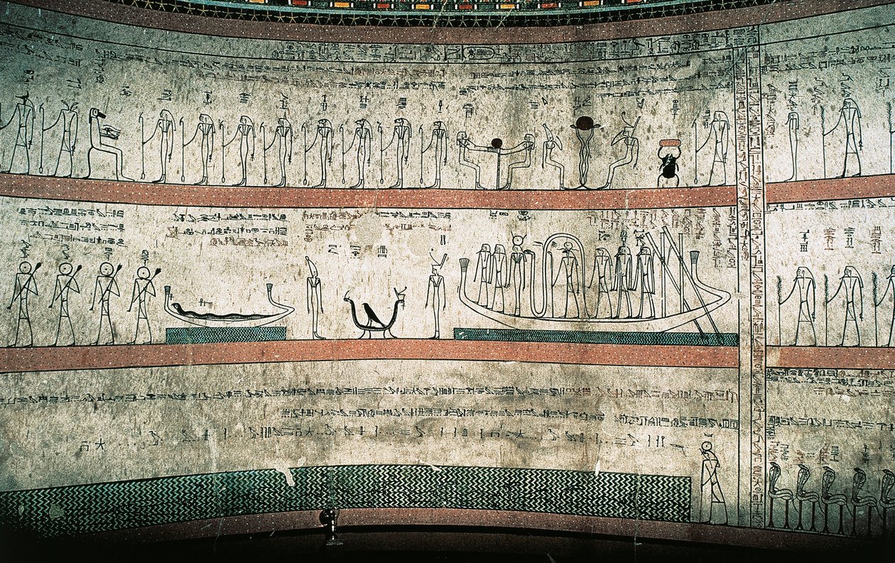 Fresken, die das Buch von Amduat darstellen, Die Reise des Sonnenbootes, an der Westwand der Grabkammer von Egyptian 18th Dynasty