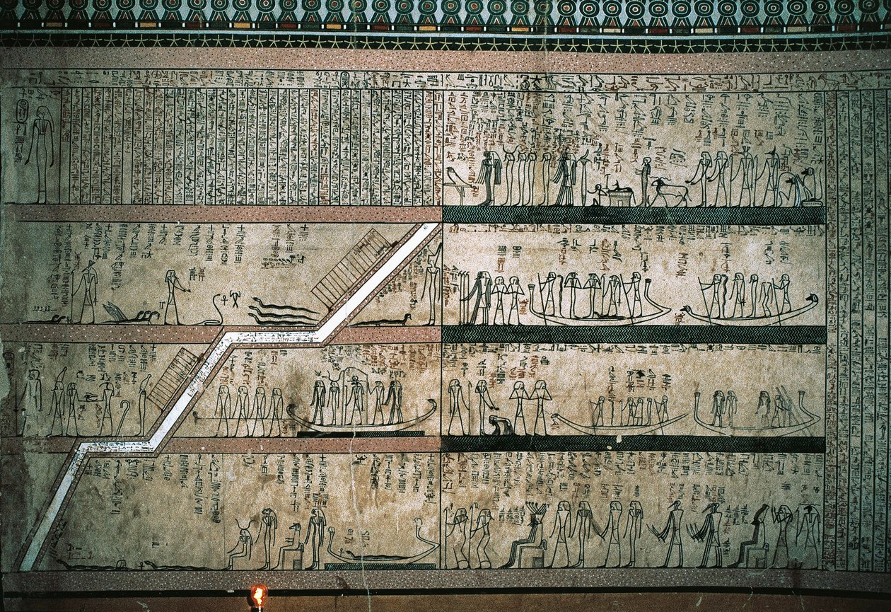 Fresken, die das Buch von Amduat darstellen, Die Reise des Sonnenbootes, an der Ostwand der Grabkammer von Egyptian 18th Dynasty