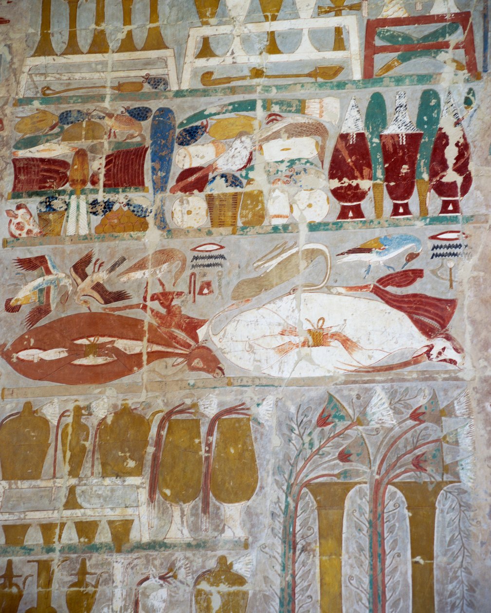 Opfergaben und Keramik, die von Königin Hatschepsut den Göttern dargebracht wurden, bemaltes Relief, Anubis-Kapelle, Totentempel der Königin Hatschepsut, auch bekannt als Djeser-Djeseru, Deir el-Bahri, Theben. Ägyptische Zivilisation, Neues Reich, 18. Dyna von Egyptian 18th Dynasty