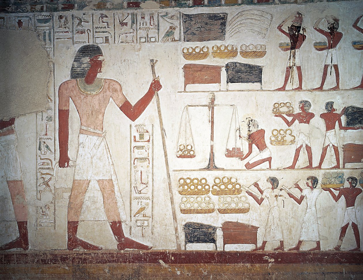 Das Wiegen von Kupfer, Fresko, Grab des Userhat, Lehrer und Schreiber während der Herrschaft von Amenophis II., auch bekannt als Grab TT56, Scheich Abd el-Qurna, Theben (Unesco-Welterbeliste) von Egyptian 18th Dynasty