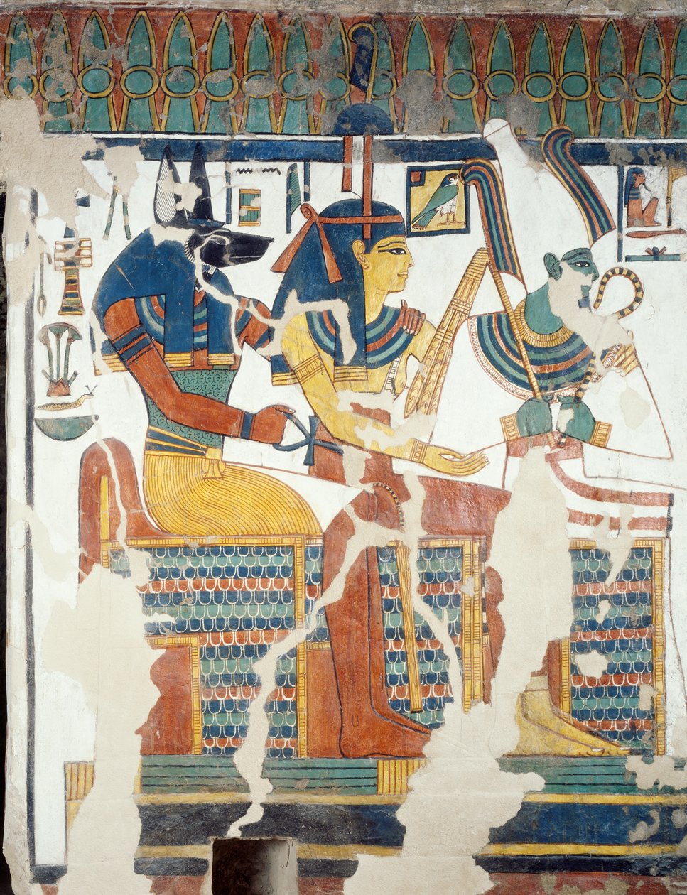 Anubis, Osiris und Nefertari, aus der zweiten Kammer des Grabes von Nefertari (Detail) von Egyptian 19th Dynasty