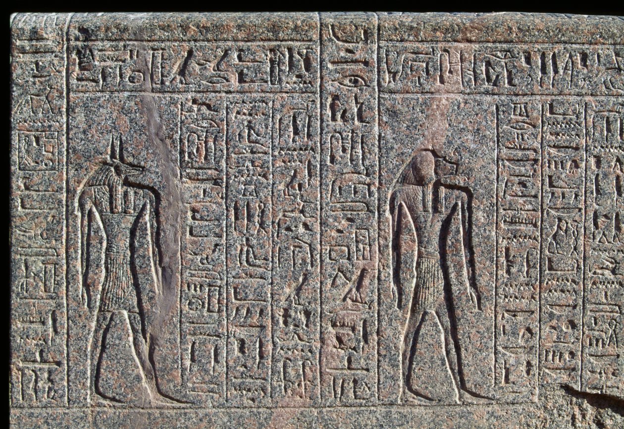 Darstellung von Anubis, Detail der Inschrift und des Reliefs von Anubis und einem anderen Gott, Sarkophag von Amenhotep, Memphis, Ägypten, Neues Reich, Dynastie XIX von Egyptian 19th Dynasty