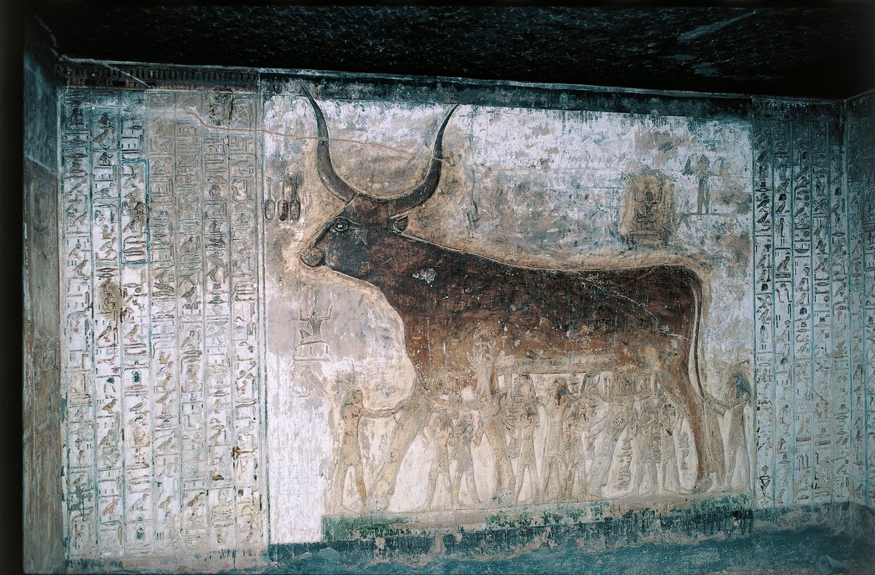 Ägypten, Luxor, Tal der Könige, Grab von Sethos I., Innenfresken, die Göttin Nut als Kuh darstellend von Egyptian 19th Dynasty